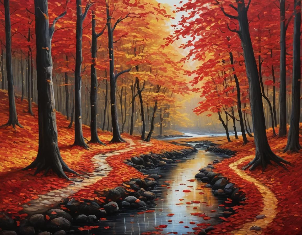 Forest Path with Deer: Impressionistic Autumn Painting