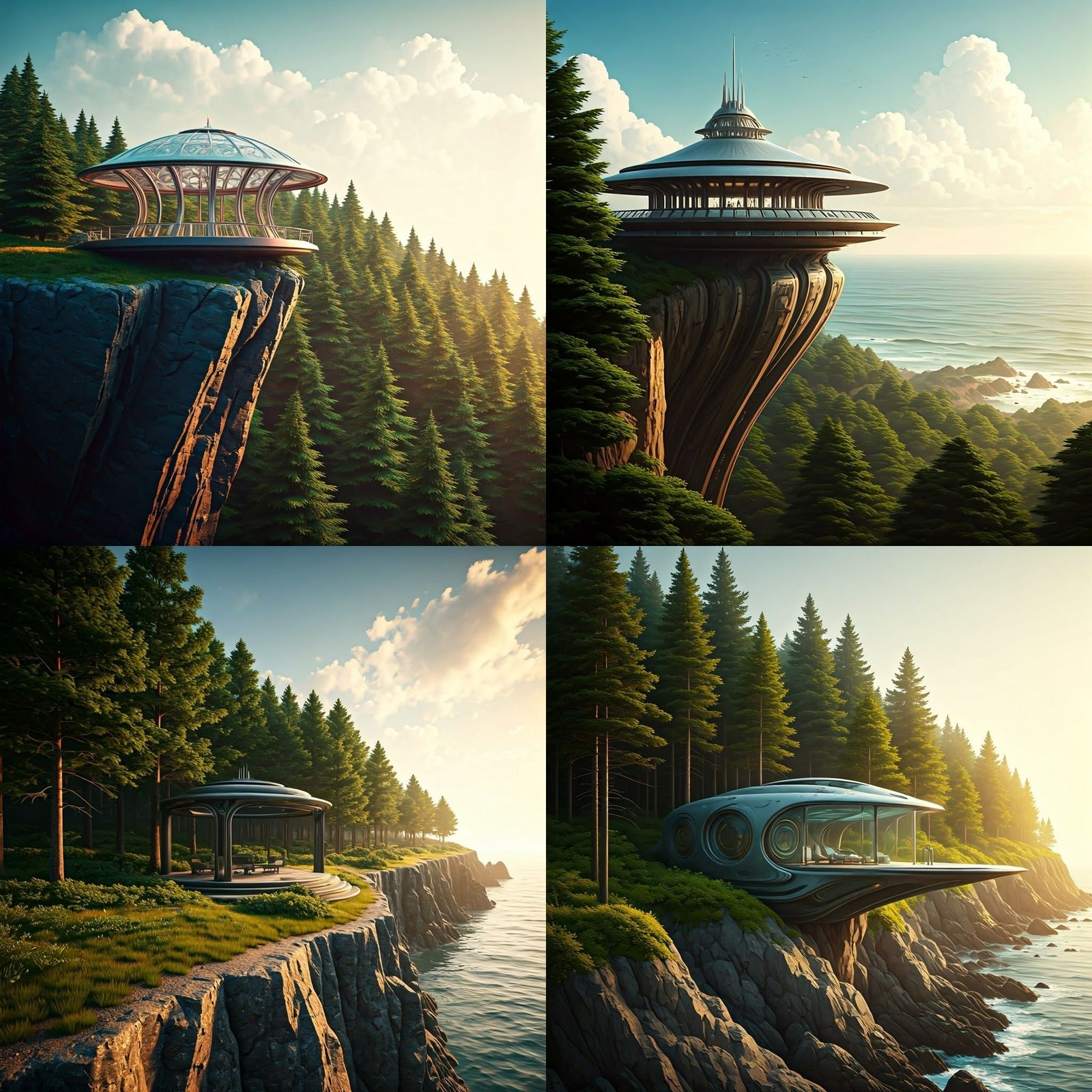 Seaside Cliffside Neofuturistic Gazebo Amidst Lush Forest