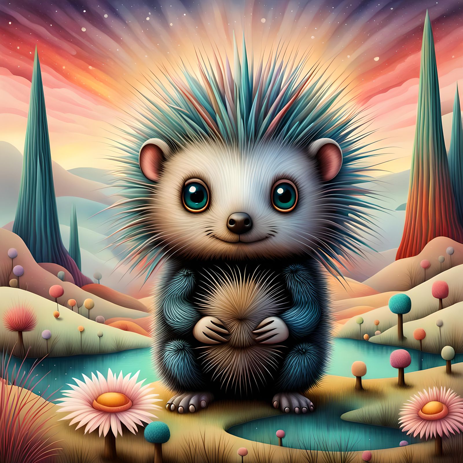 Chibi Porcupine in Surrealist Dreamscape