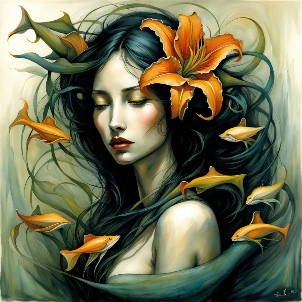 Listless Lamia in Lily Lagoon, Gothic Horror Art