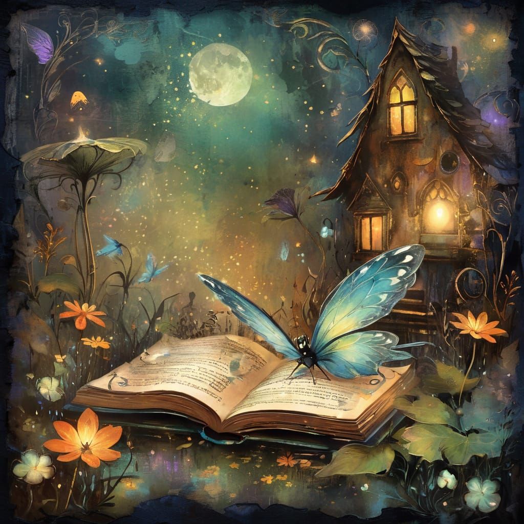 Whimsical Fairy Scene in Distressed Vintage Style