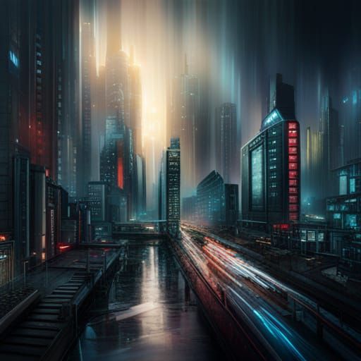 Cyberpunk Cityscape in Rain: Digital Matte Painting