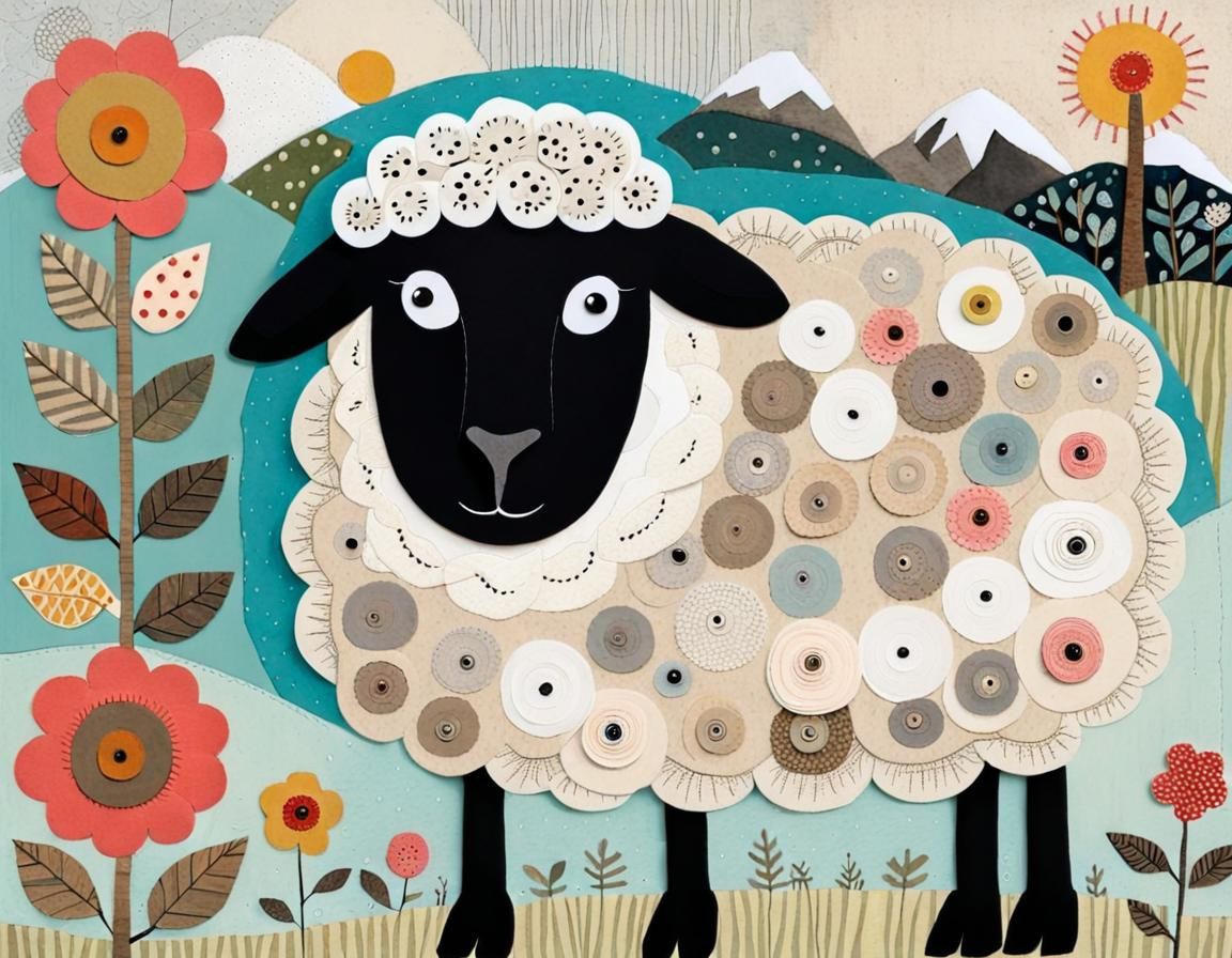 Stylized Sheep in Mixed Media Collage Art