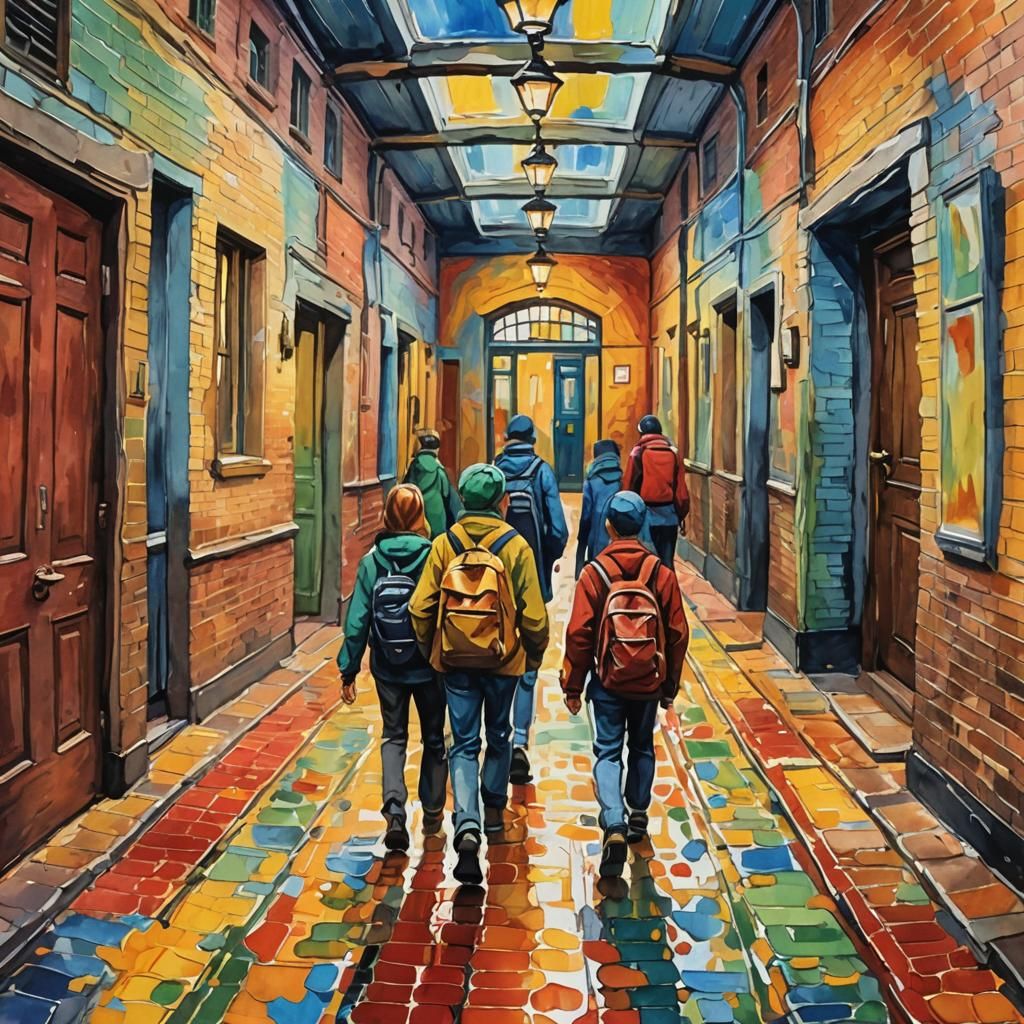 Gouache Students in Hallway as Impressionist Painting