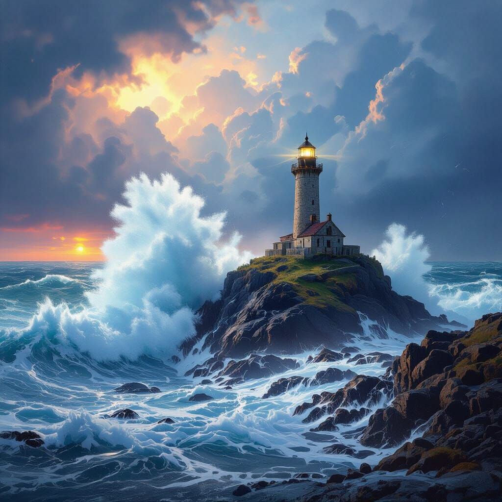 Stormy Seas Crash Against Island Lighthouse: Hyperrealistic ...