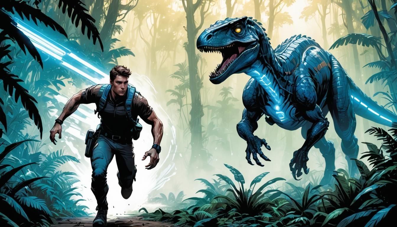 Man Runs from Velociraptor in Jungle Comic Art