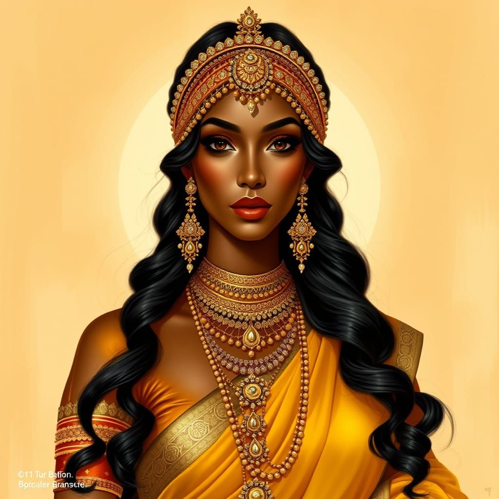 Elegant Woman in Golden Indian Outfit, Art Nouveau Style