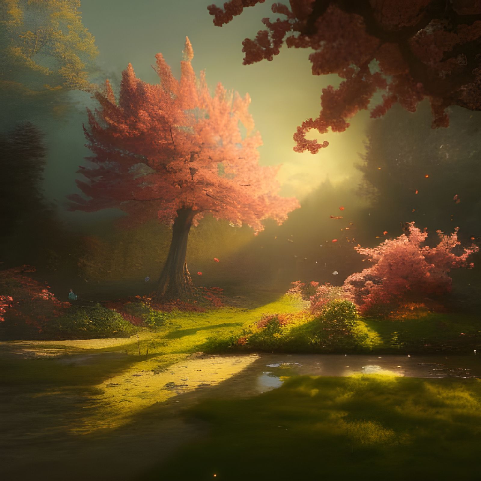 Glowing Cherry Tree Garden in Dark Fantasy Style