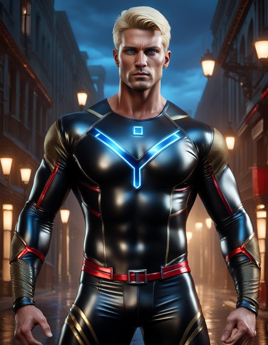 Hunky Hero in Spandex Wielding Hammer, Photorealistic