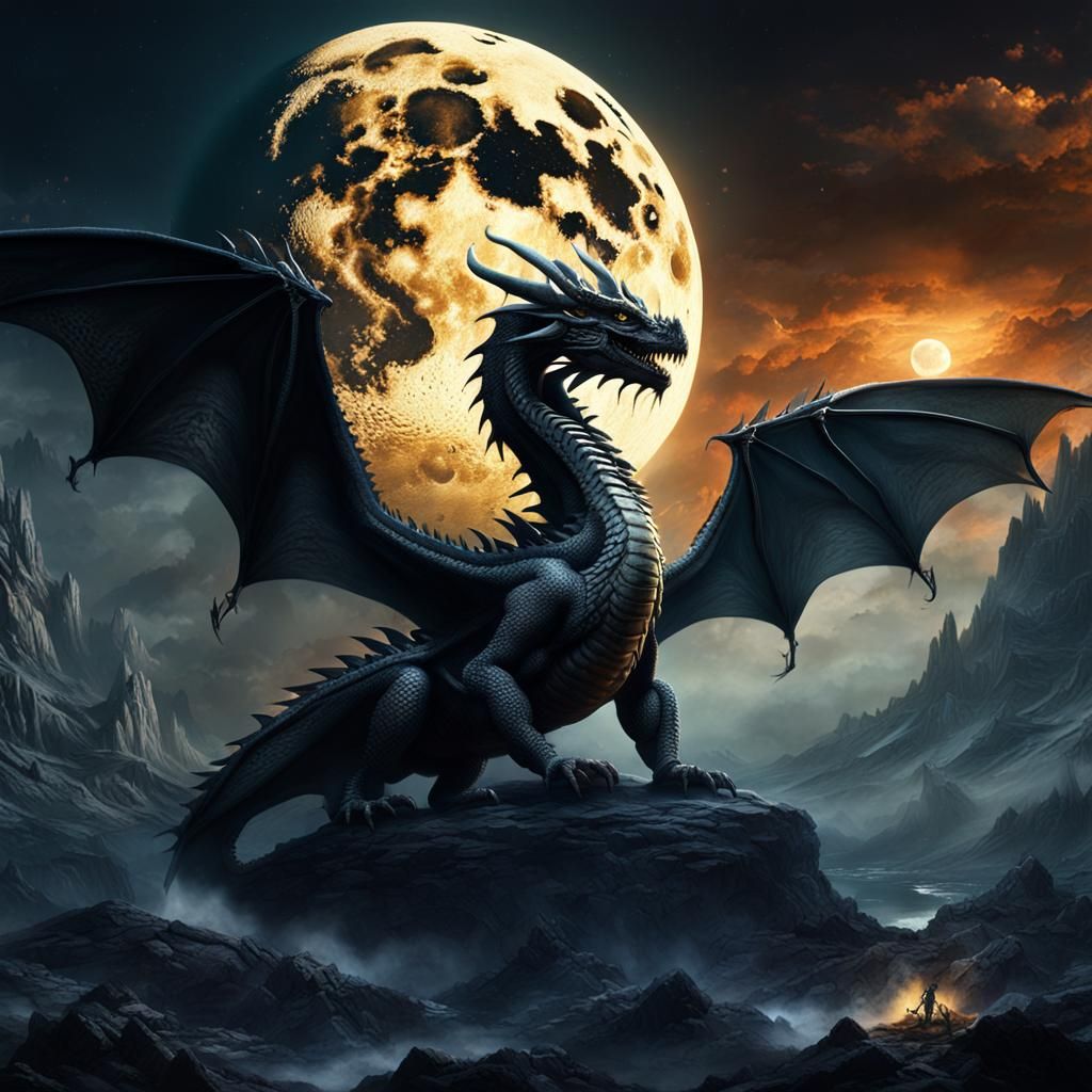 Epic Dragons Silhouetted at the Moon