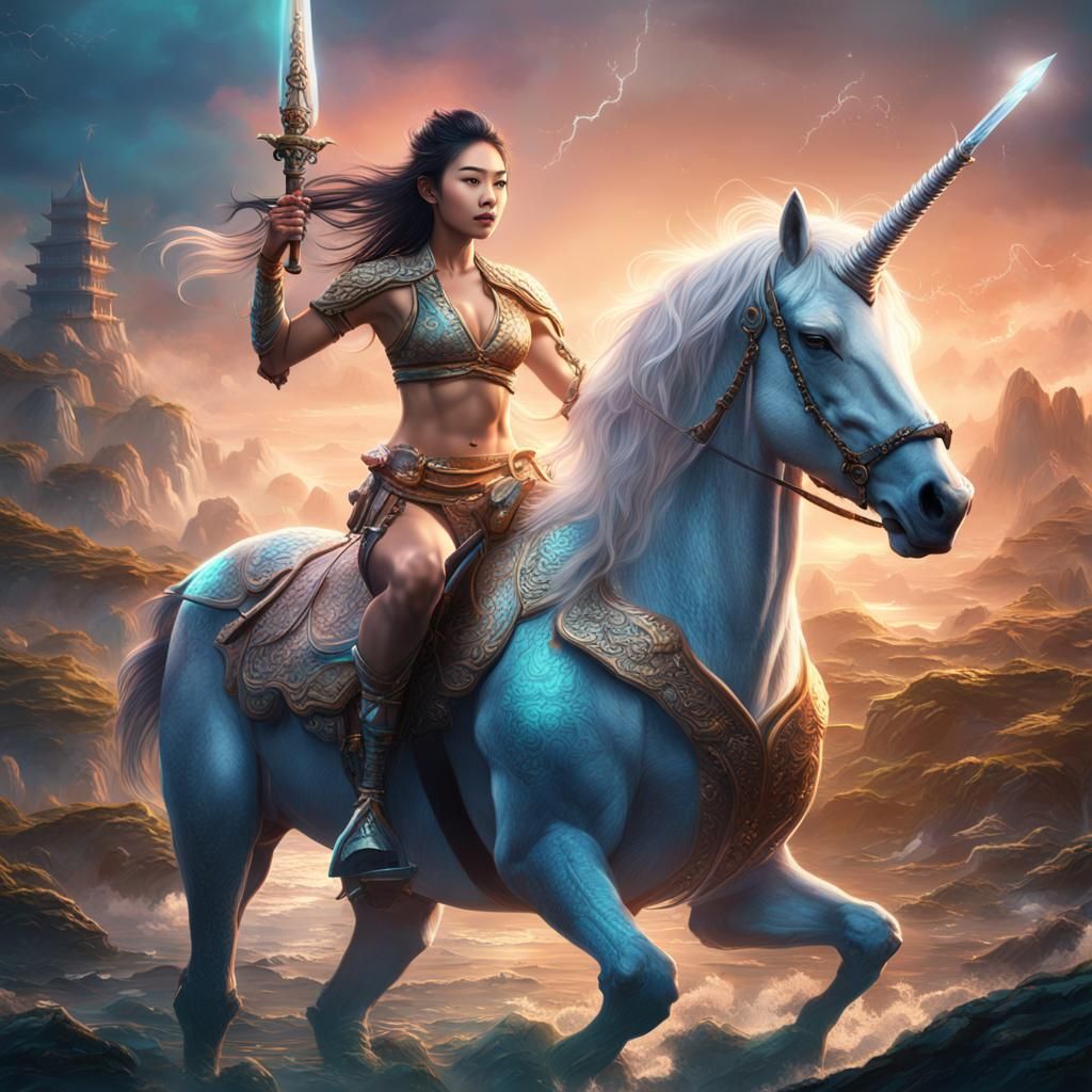 Woman Riding Unicorn with Sword: Fantasy Concept Art