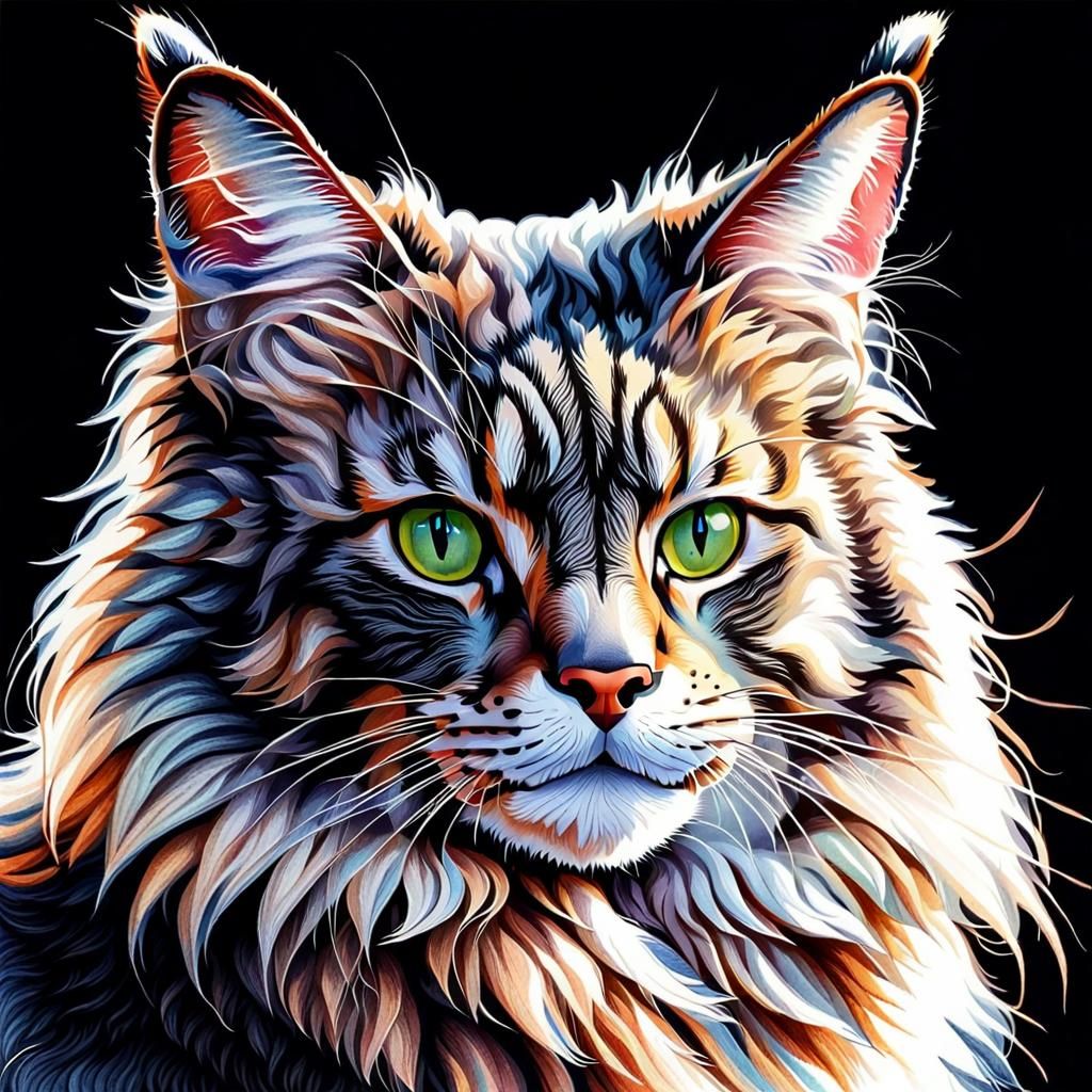 Majestic Maine Coon Cat in Stipple Art Portrait