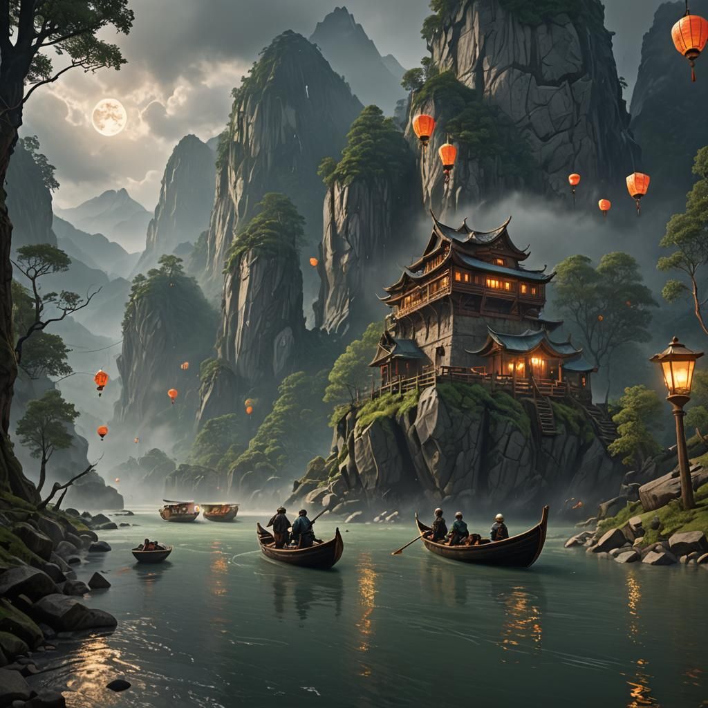 Rainy River Journey with Lanterns in Matte Painting Style