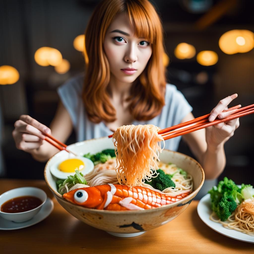 Magikarp Ramen Bowl with Woman, Photorealistic Style