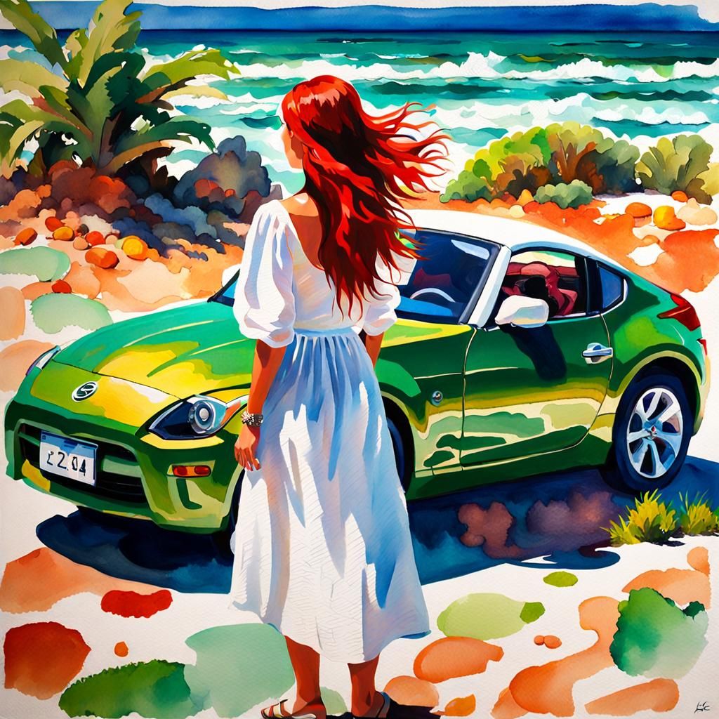 Woman in White Dress Beside Green Car, Gouache Style