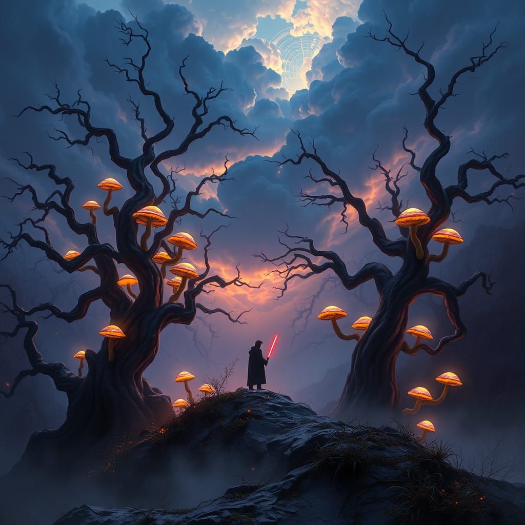 Heroic Figure in Ethereal Forest, Matte Painting Style