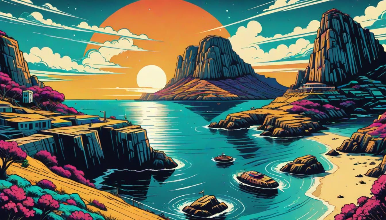 Greek Island in Retro Comic Book Style