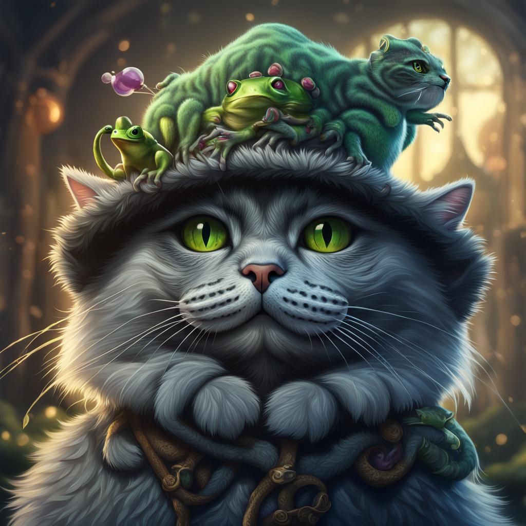 Fluffy Grey Cat with Frog Hat: Detailed Digital Painting
