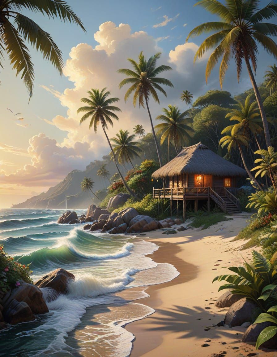 Tropical Island Paradise at Golden Hour in Impressionistic O...