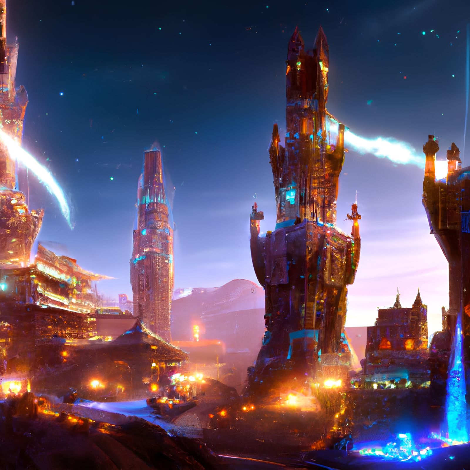 Fantastical Cityscape in Vibrant, Detailed Matte Painting
