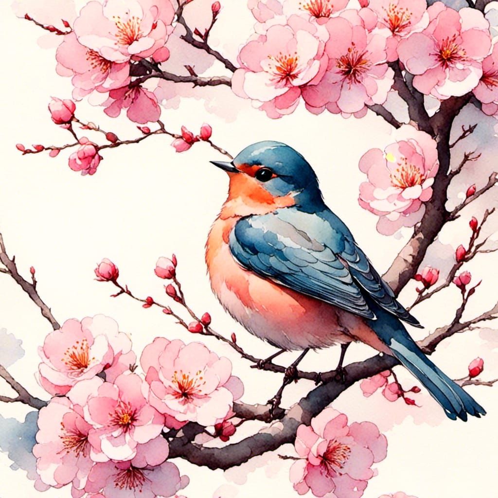 Watercolor Bird and Blossoming Tree Double Exposure