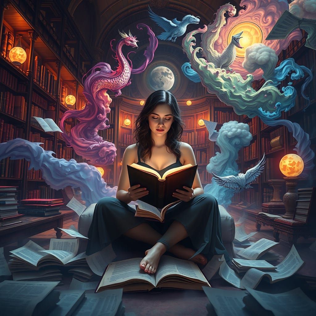 Dreamlike Library Scene in Vibrant Colors