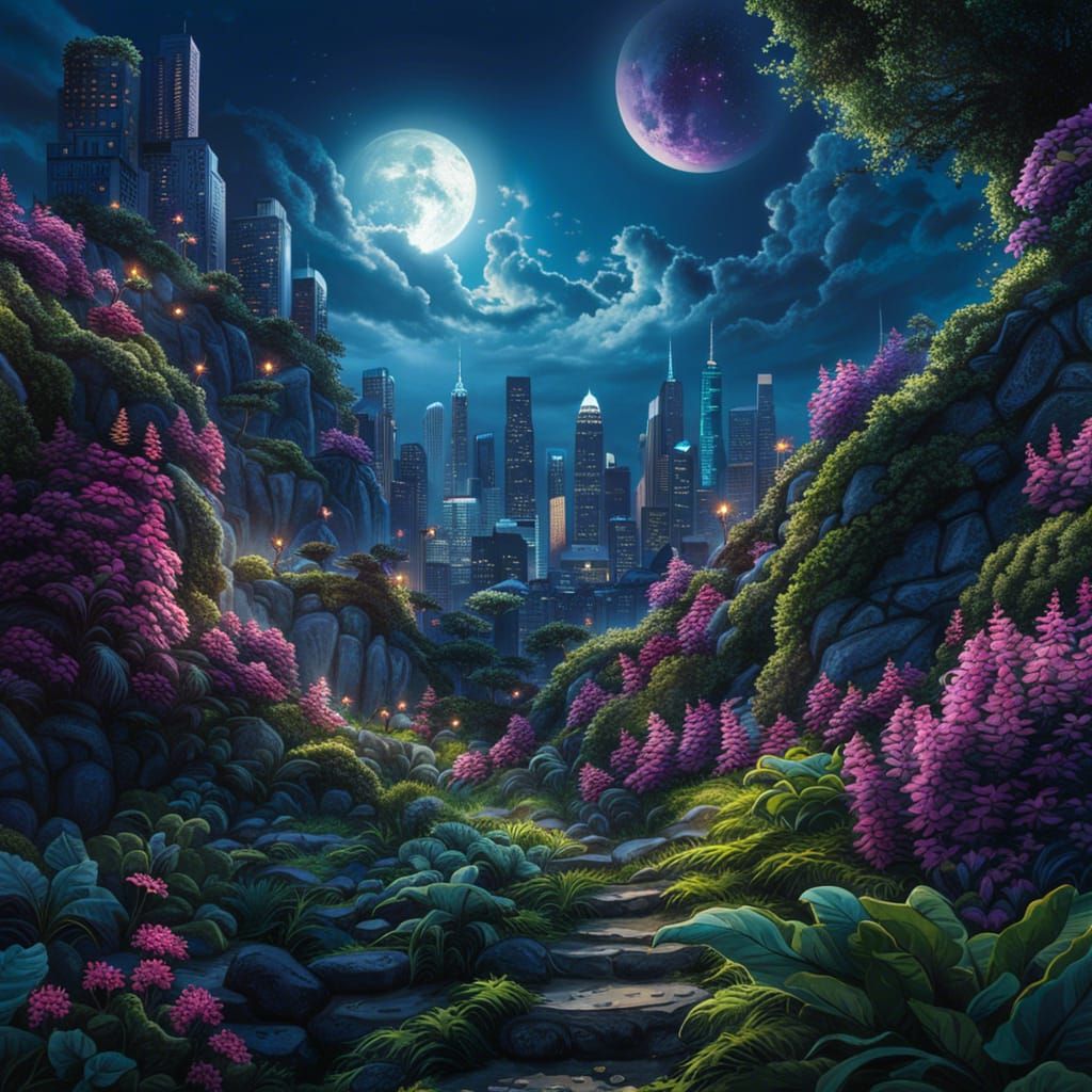 Overgrown City in Purple Moonlight: Sci-Fi Art
