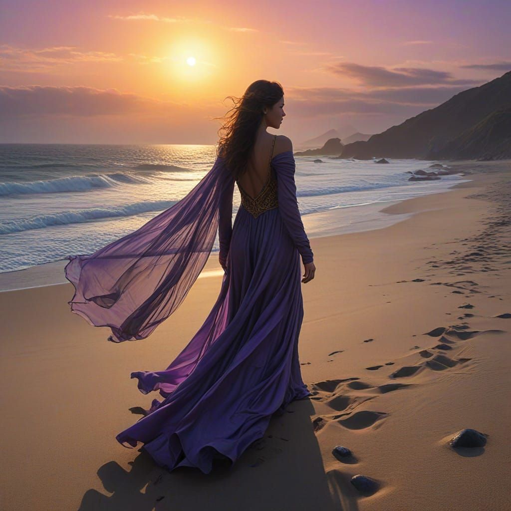 Mysterious Woman in Blue and Gold Veil Dress Walking by the ...