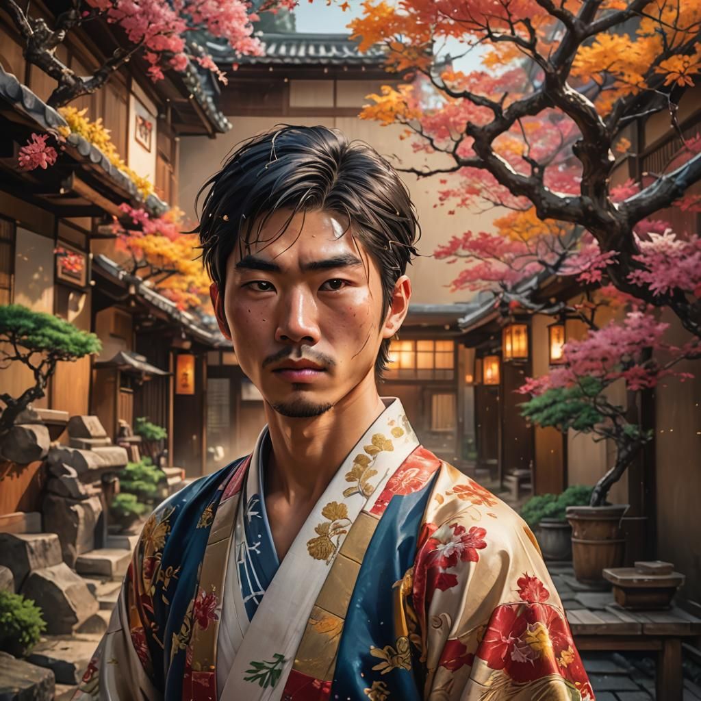 Handsome Japanese Man in Traditional Splashed Colors