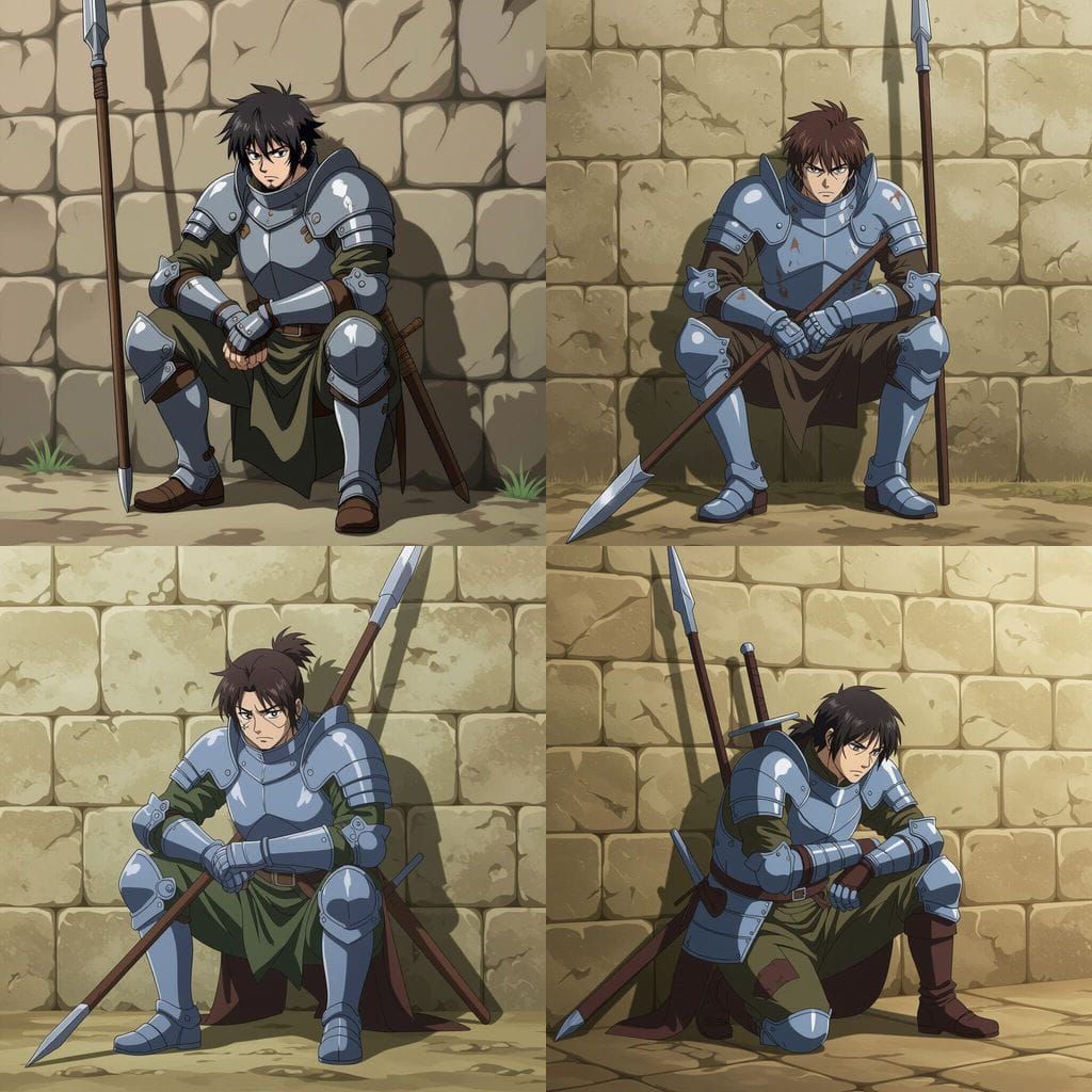 Anime Guard Leans on Spear in Gritty Village