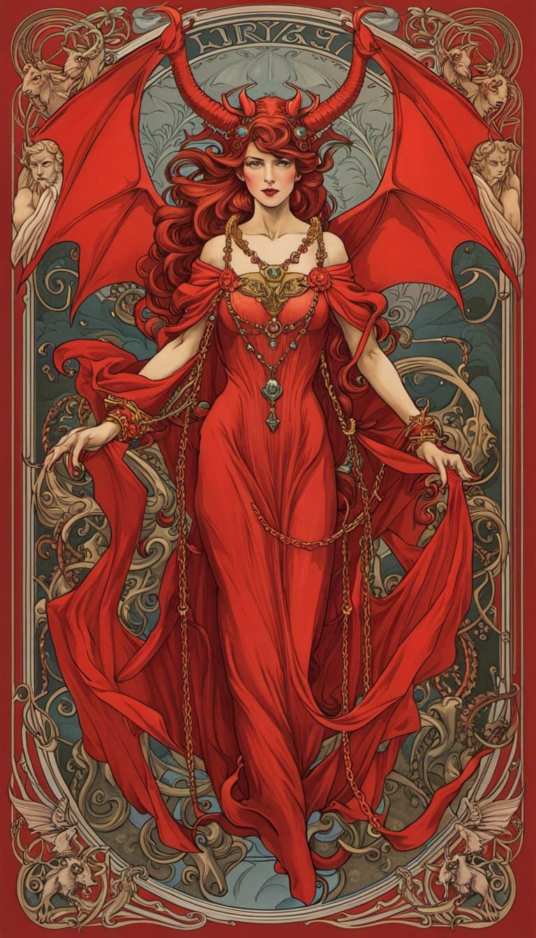 Red Devil in Chains: Art Nouveau Tarot Card