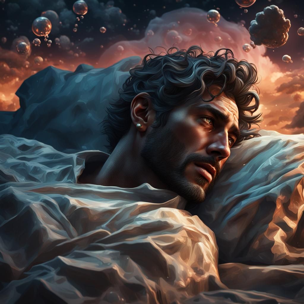 Worried Man Cries in Bed: Detailed Matte Painting