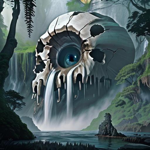 The waterfall cascades from a single massive pearl white sku...