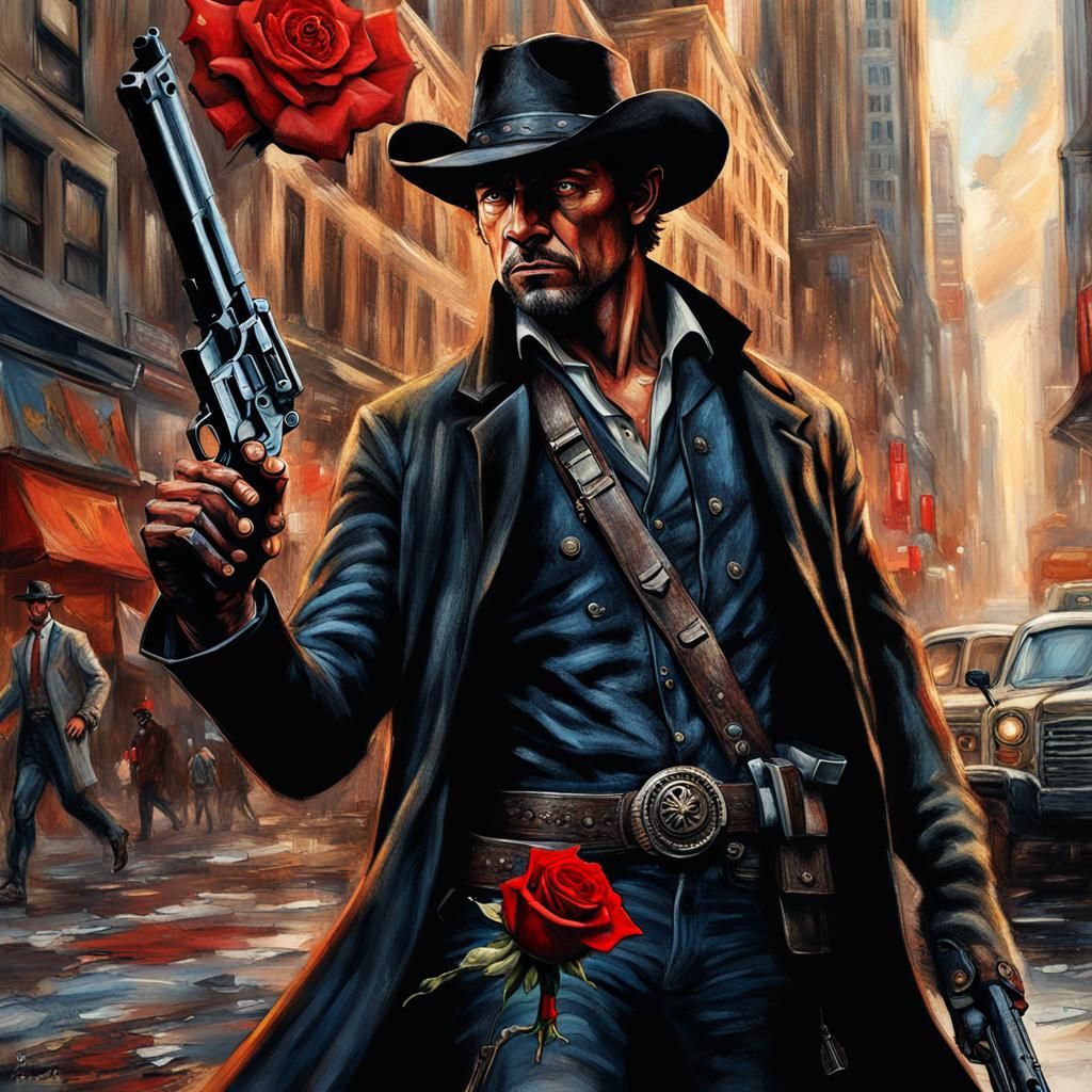 Hyperrealistic Gunslinger in New York with Rose