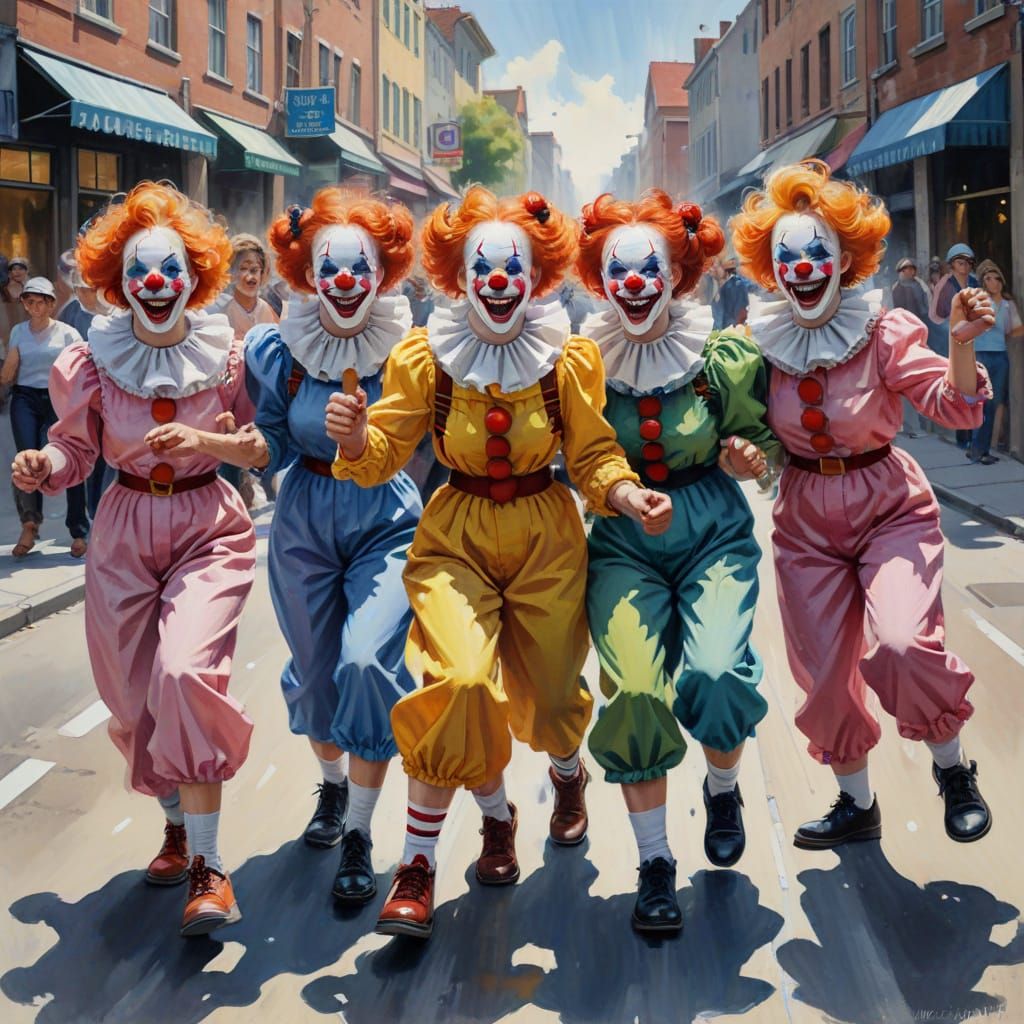 Clown Women Street Fight in Gouache Style