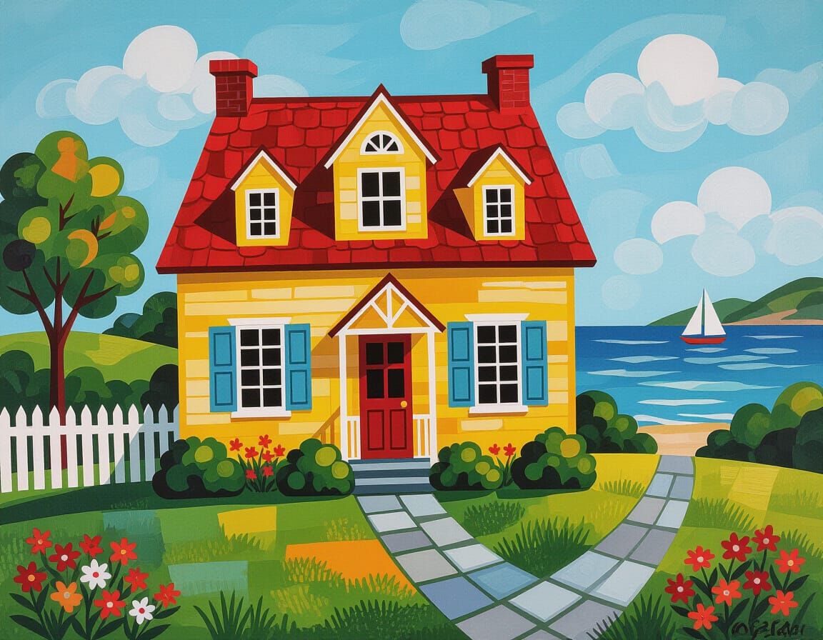 Vibrant Surrealist Cottage with Bay in Tempera Style