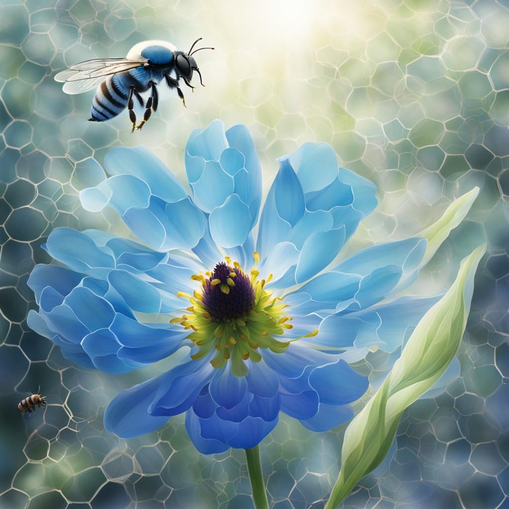 Bee Flying to Translucent Blue Flower