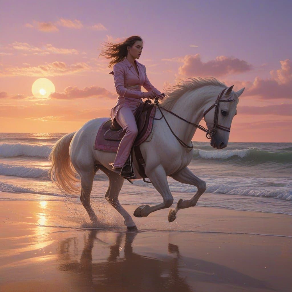 Ethereal Sunset Beach Ride in Vibrant, Matte-Painted Style
