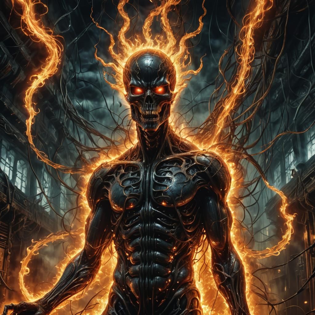 Fiery Demon Engulfed in Electric Vortex