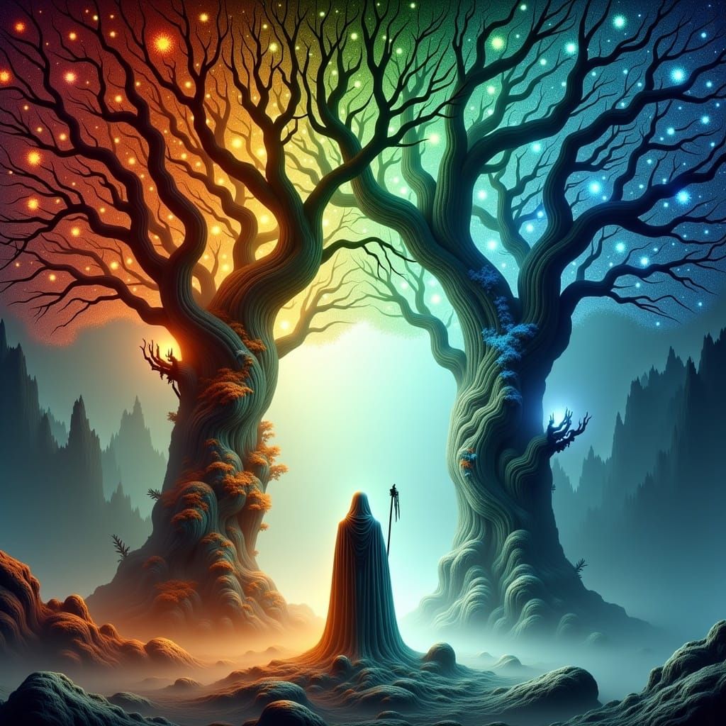Entwined Trees: A Seasonal Dance in Fantasy Style