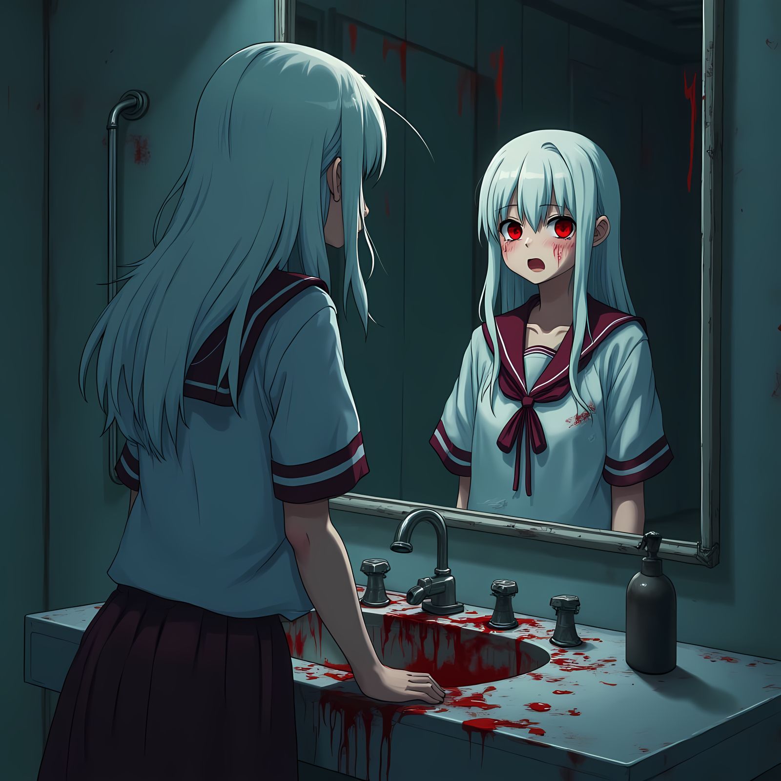 Eerie School Bathroom Scene in Anime Style