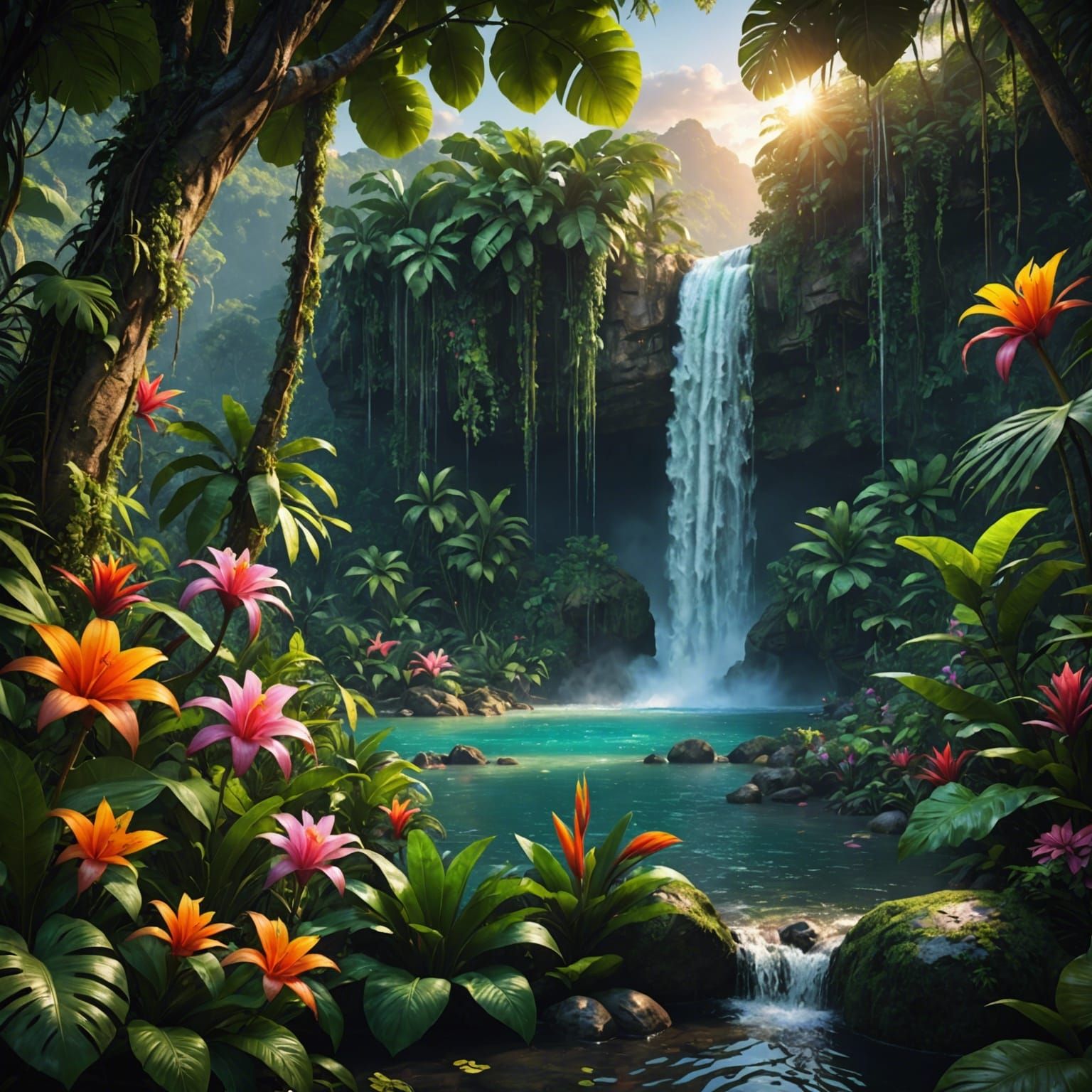 Lush Jungle Waterfall at Sunset: Photorealistic Wildlife