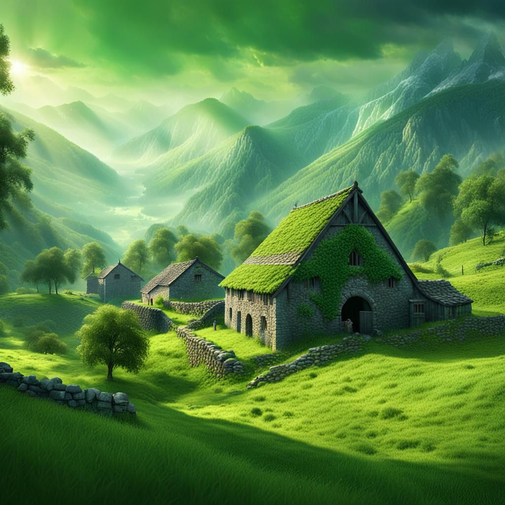 Stone Barn in Valley: Epic Digital Matte Painting