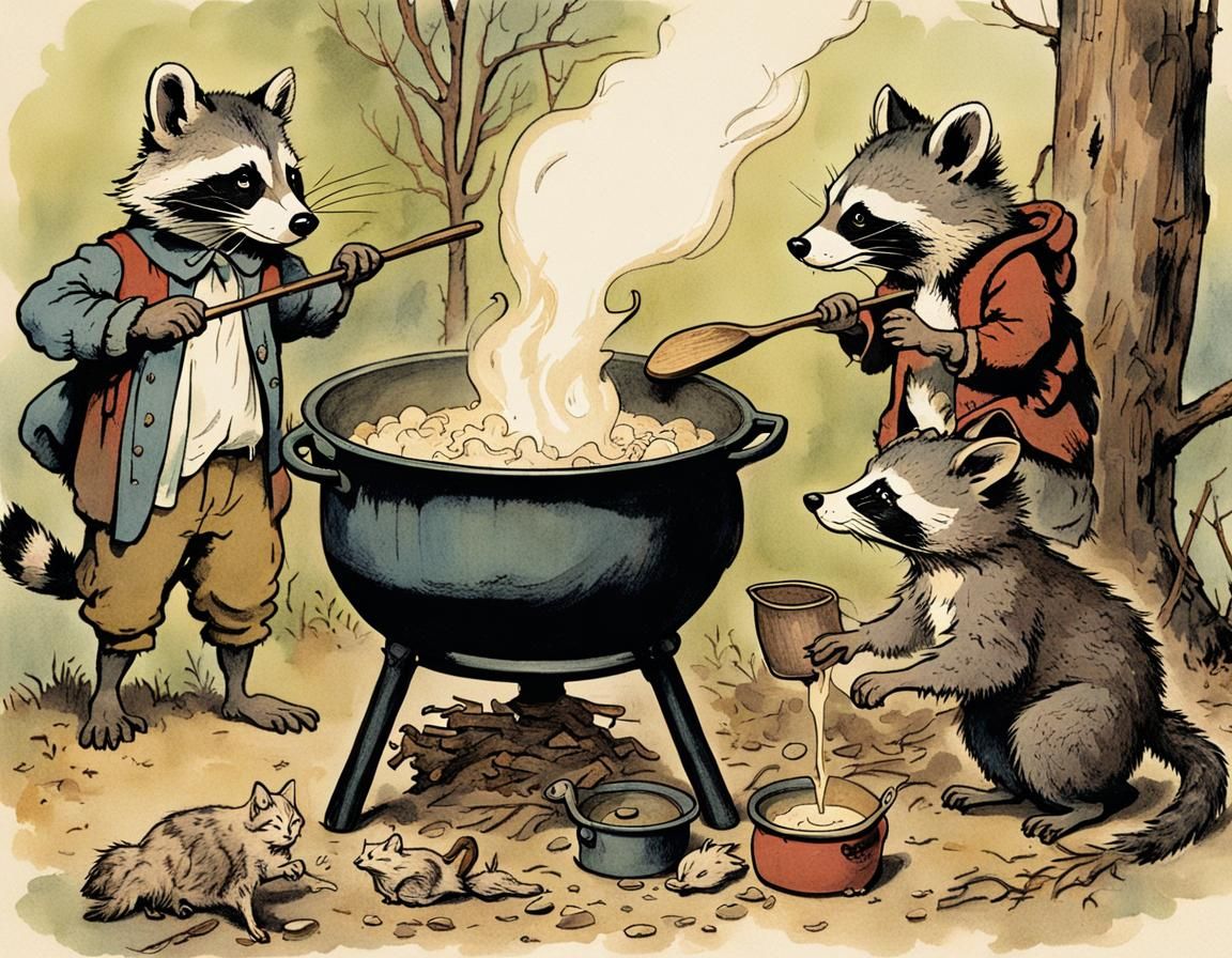 Raccoon Stew Cookout: Arthur Rackham Style Illustration