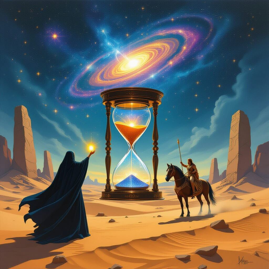 Sorceress Conjures Galaxy in Desert Landscape