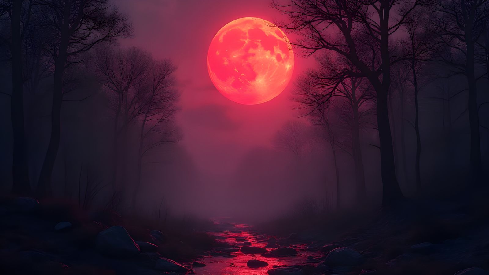 Red Moon Ascends Over Dark Fantasy Forest