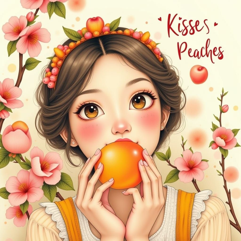 Whimsical Peach Maiden with Tender Kiss