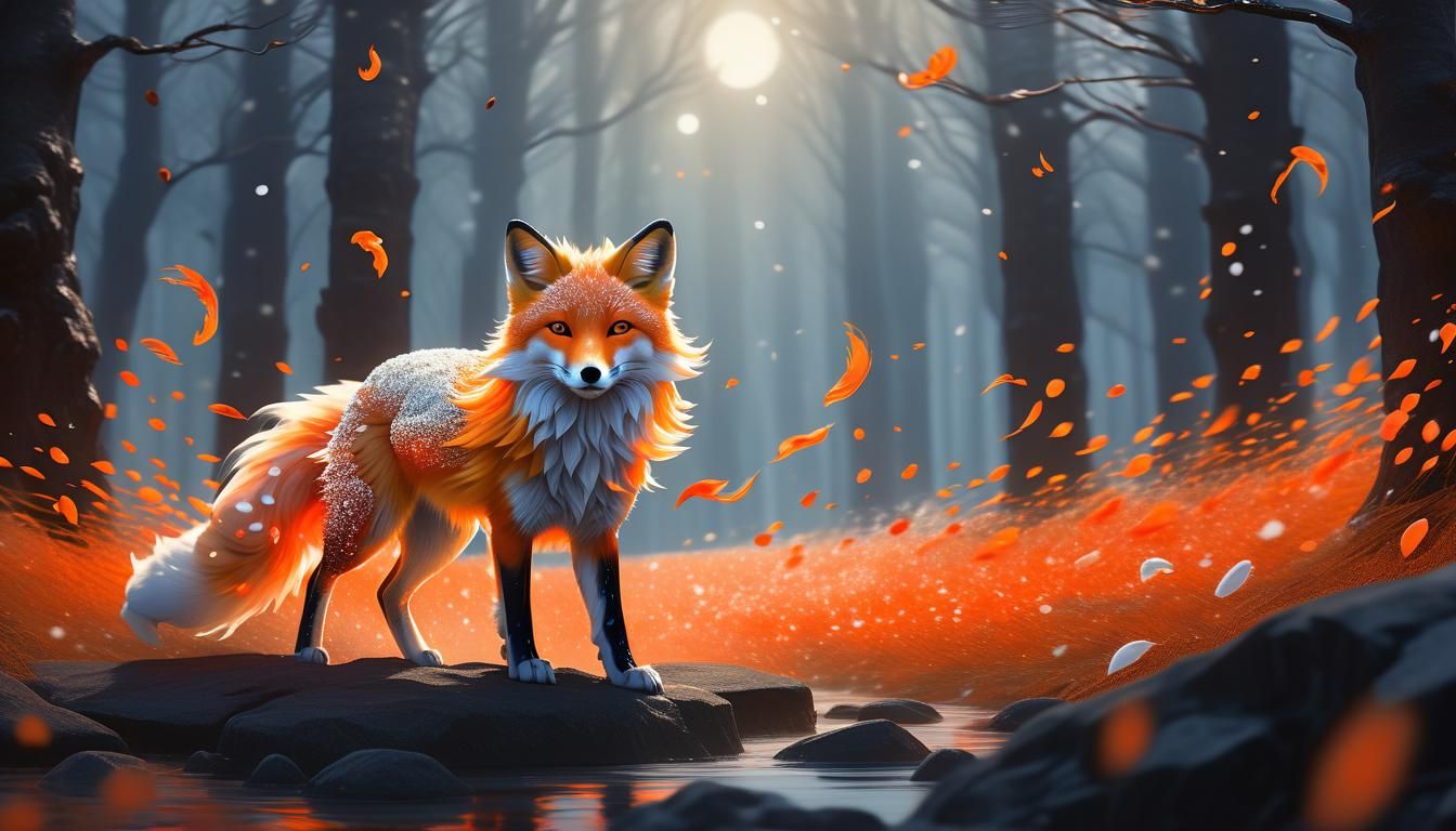 Iridescent Nine-Tailed Fox in Ethereal Flight