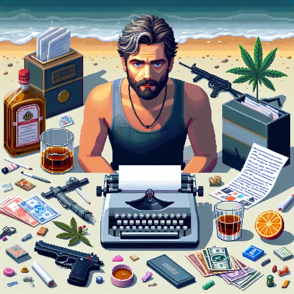 Gonzo Writer in Low-Polygon PS2 Style at Beach