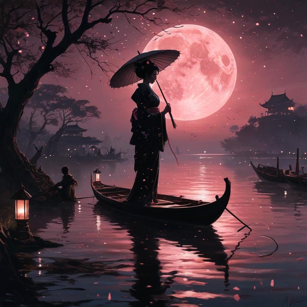 Geisha Silhouette at Lantern Festival in Art Nouveau Style